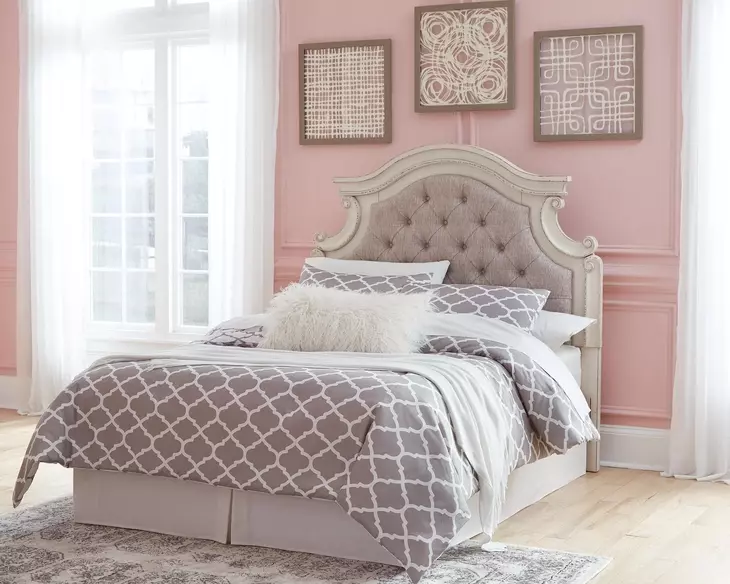 Realyn Chipped White and Gray Full Upholstered Panel Headboard