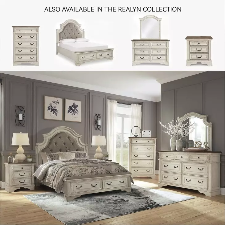 Realyn Chipped White Queen Upholstered Panel Bed With Storage Footboard Bench