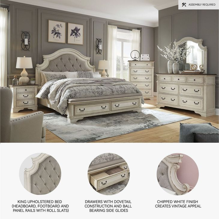 Realyn Chipped White King Upholstered Panel Bed With Storage Footboard Bench