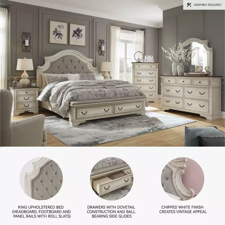 Realyn Chipped White King Upholstered Panel Bed With Storage Footboard Bench