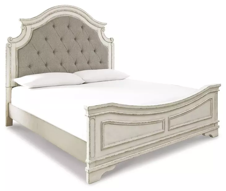 Realyn Chipped White California King Upholstered Panel Bed