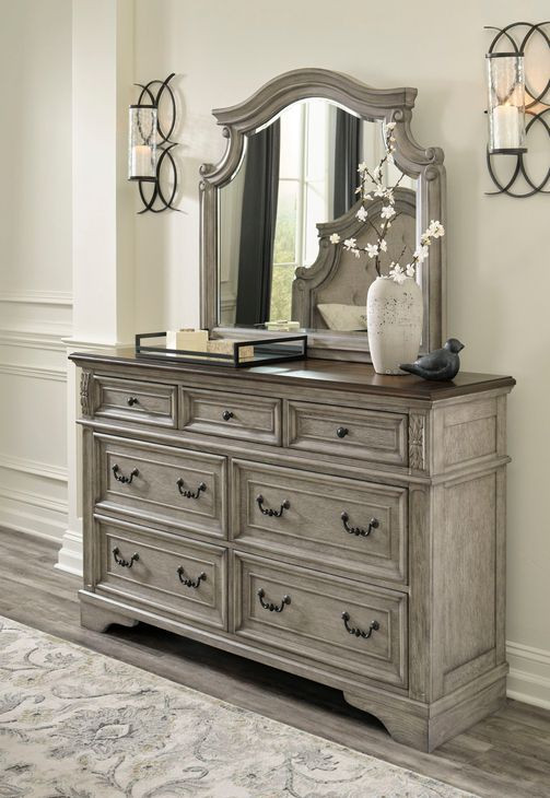 Lodenbay Antique Gray and Brown 7 Drawer Dresser with Arched Mirror