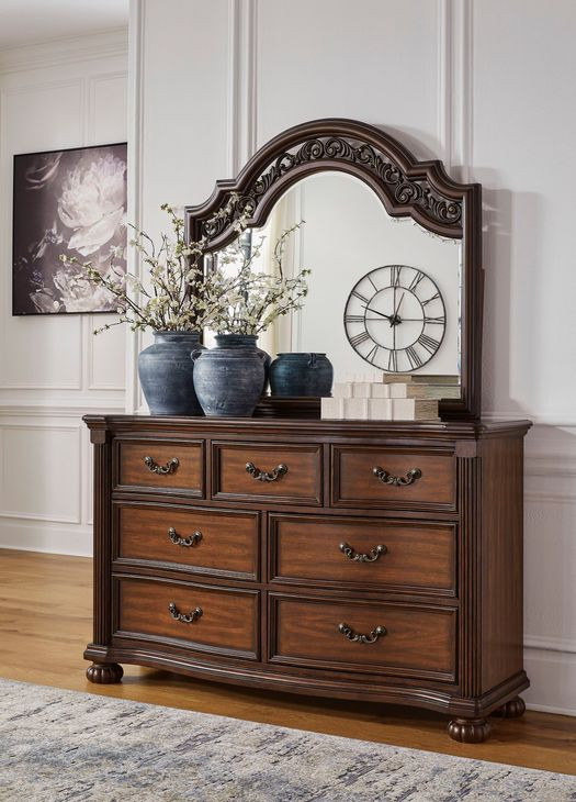 Lavinton Brown 7 Drawer Dresser and Arched Mirror