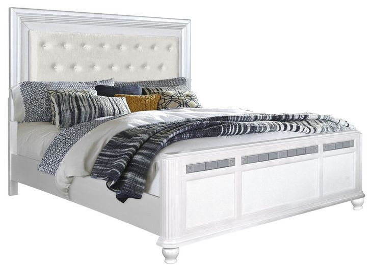 B00764 White Upholstered King Panel Bed with Lighted Headboard
