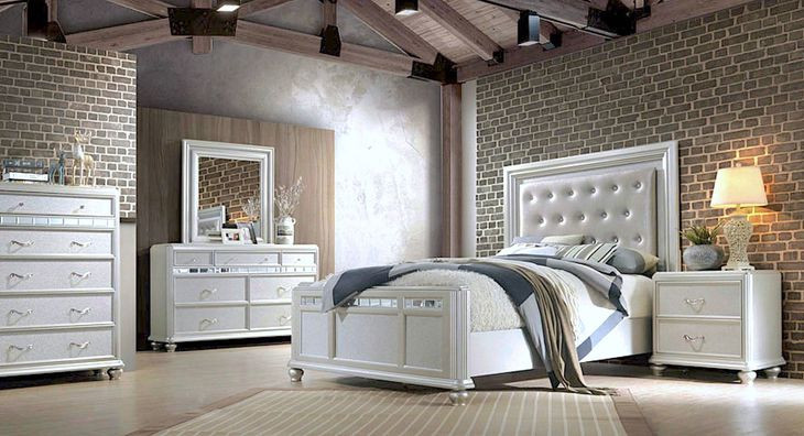 B00764 White Upholstered Queen Panel Bed with Lighted Headboard