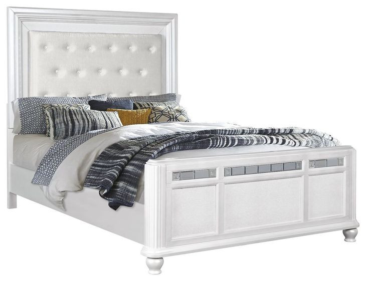 B00764 White Upholstered Queen Panel Bed with Lighted Headboard