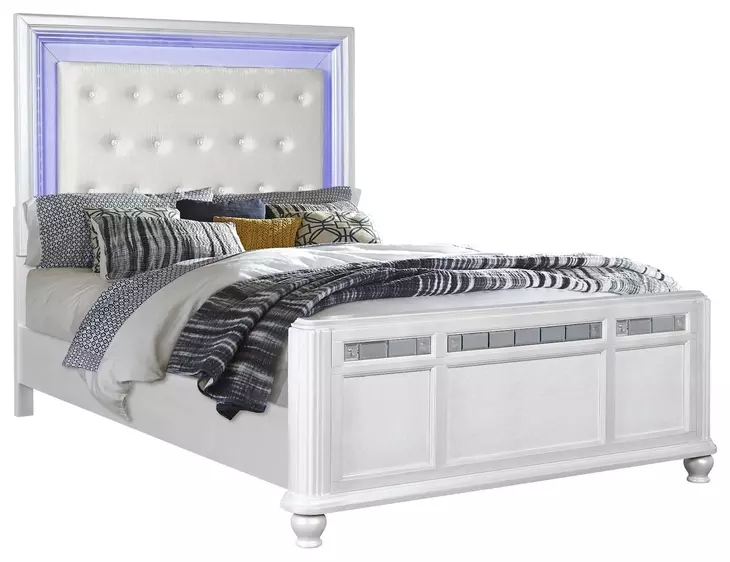 B00764 White Upholstered Queen Panel Bed with Lighted Headboard