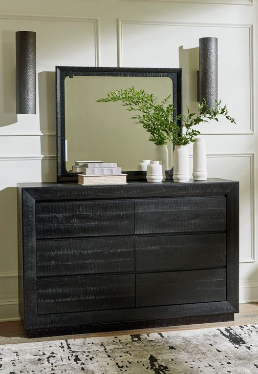 Londer Black 6 Drawer Dresser and Rectangular Mirror