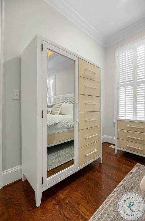 Oceanview Sand and Stark White Woven 6 Drawer 1 Mirrored Door Chest