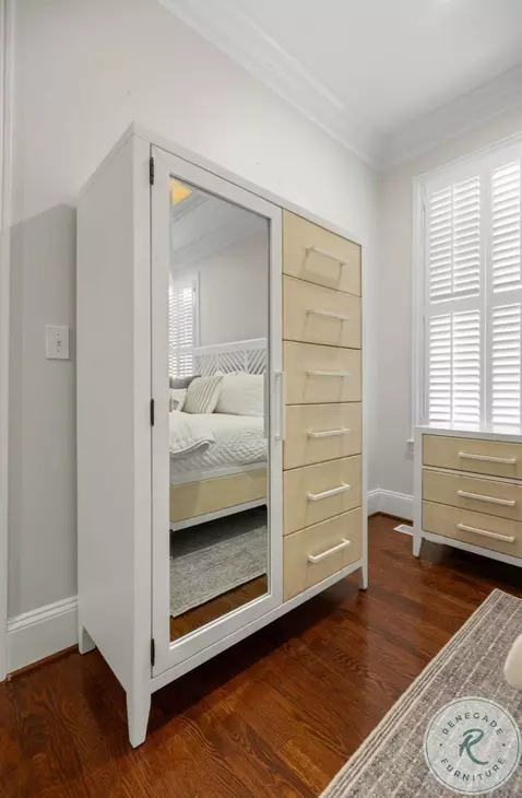 Oceanview Sand and Stark White Woven 6 Drawer 1 Mirrored Door Chest