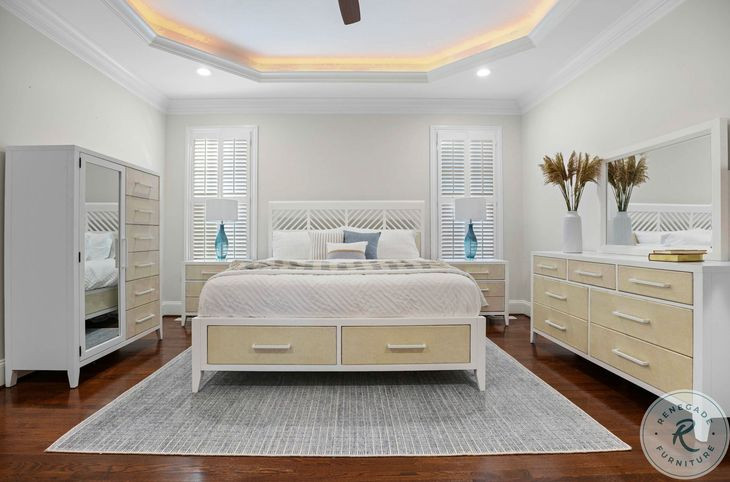 Oceanview Sand and Stark White Queen Bed with Storage