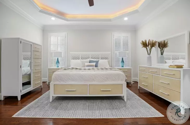 Oceanview Sand and Stark White King Bed with Storage