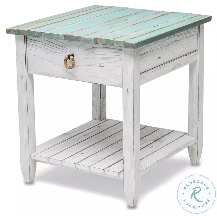 Garden Gate Distressed Bleu and White Rectangular End Table