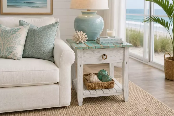 Garden Gate Distressed Bleu and White Rectangular End Table