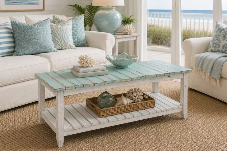 Garden Gate Distressed Bleu and White Rectangular Coffee Table