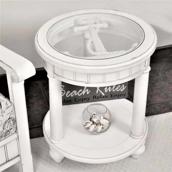 Monaco Blanc Round Glass Top End Table with Anchor Insert