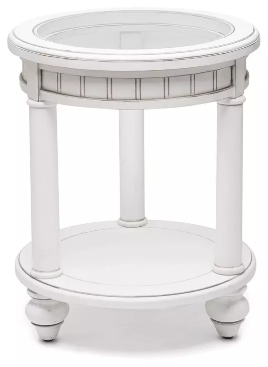 Monaco Blanc Round Glass Top End Table with Palms Insert
