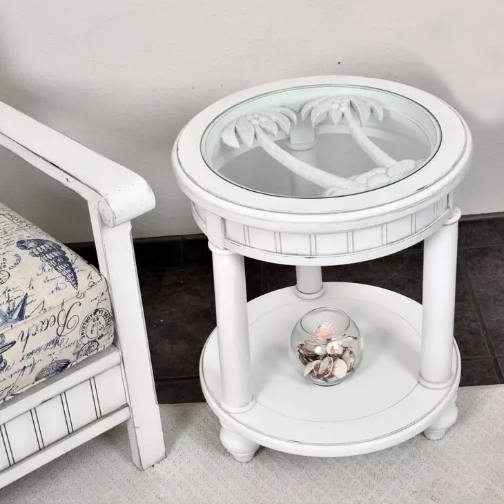 Monaco Blanc Round Glass Top End Table with Palms Insert
