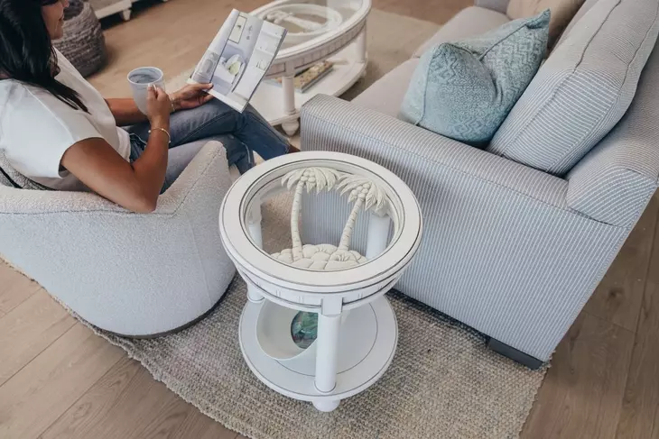 Monaco Blanc Round Glass Top End Table with Tray Insert