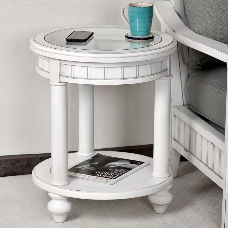 Monaco Blanc Round Glass Top End Table with Tray Insert