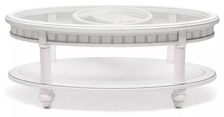 Monaco Blanc Oval Glass Top Coffee Table with Palms Insert