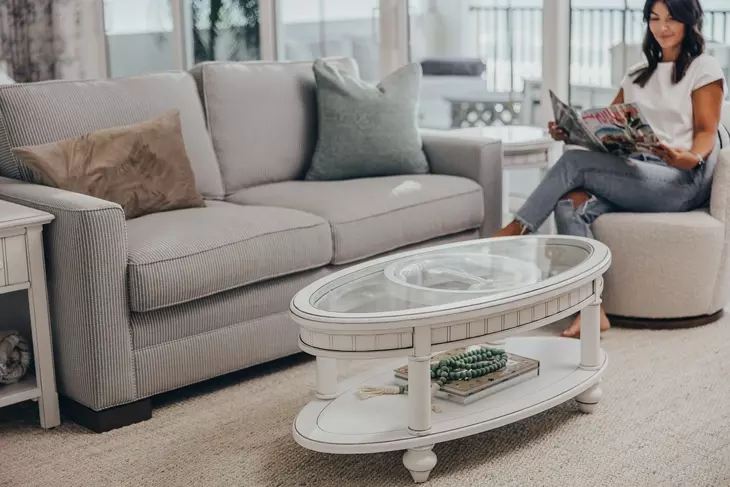 Monaco Blanc Oval Glass Top Coffee Table with Palms Insert