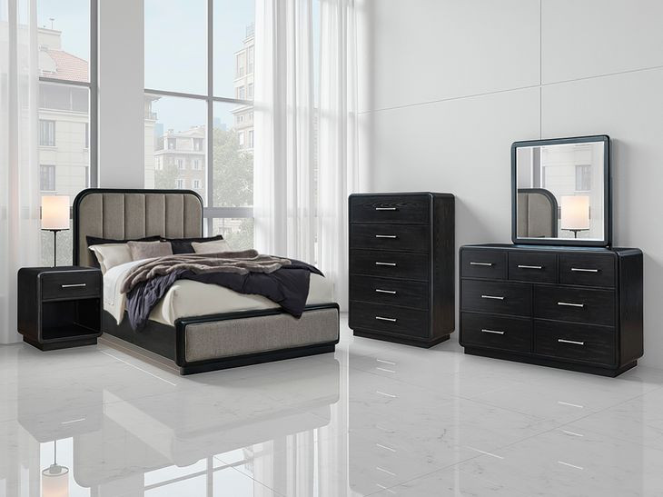 Rowanbeck Gray and Black Upholstered Panel Bedroom Set