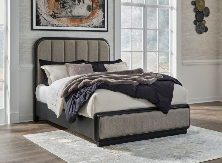 Rowanbeck Gray and Black Queen Upholstered Panel Bed