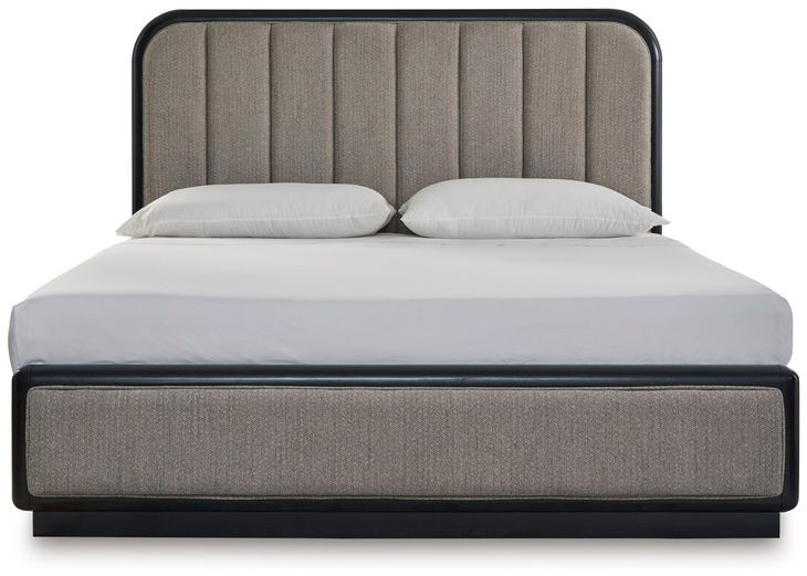 Rowanbeck Gray and Black King Upholstered Panel Bed