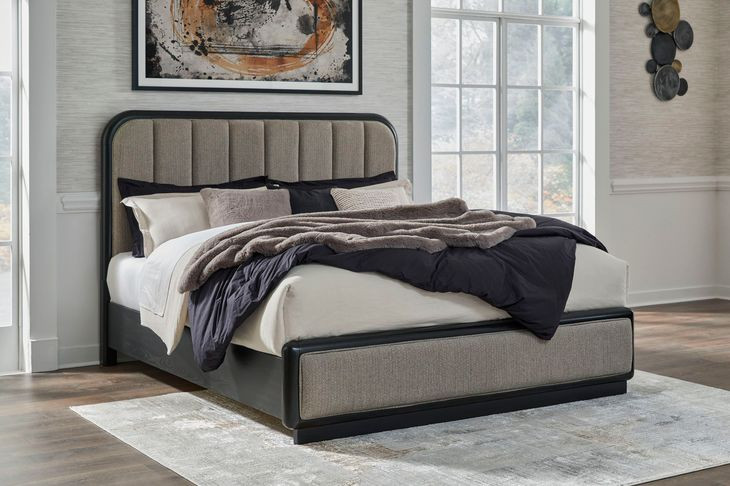 Rowanbeck Gray and Black King Upholstered Panel Bed