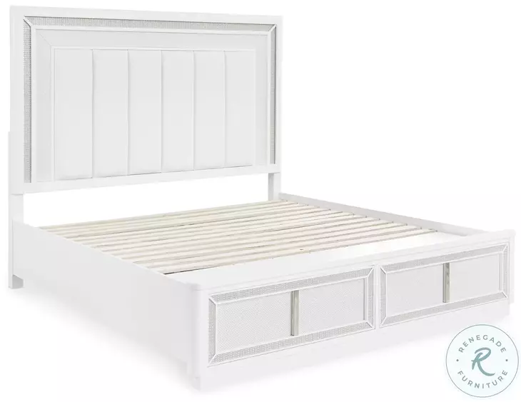 Chalanna White Lacquer King Upholstered Panel Storage Bed