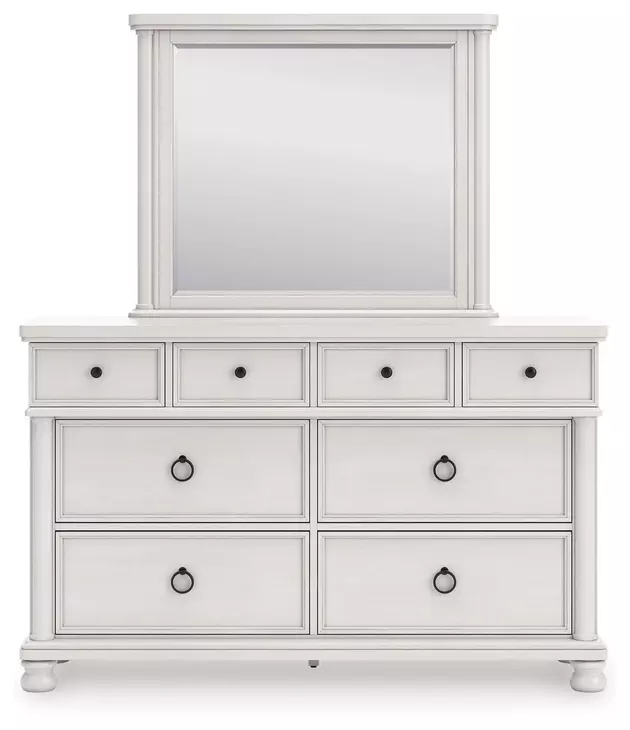 Chadworth Antique White 8 Drawer Dresser and Rectangular Mirror