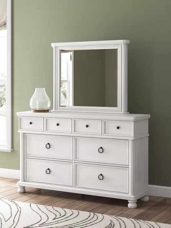 Chadworth Antique White 8 Drawer Dresser and Rectangular Mirror