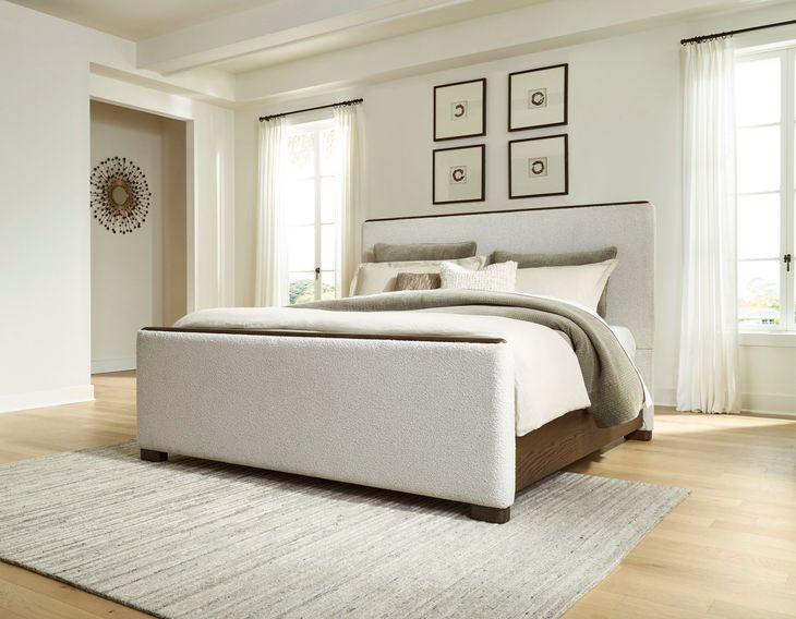 Brillynd Burnished Brown and White Performance Fabric Queen Upholstered Panel Bed