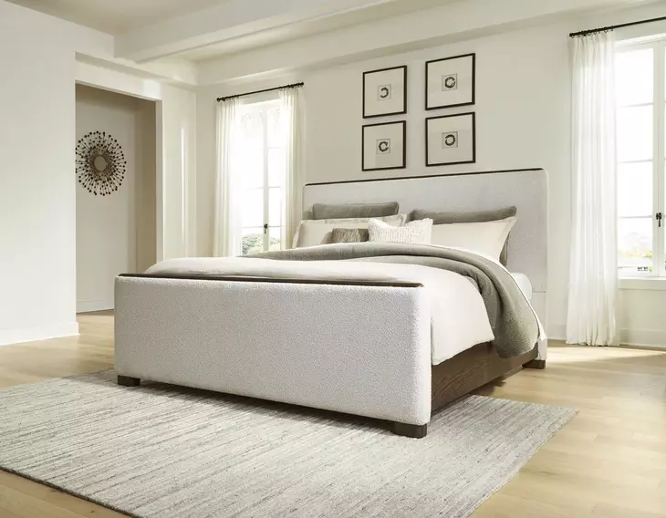Darimore Burnished Brown and White Performance Fabric Queen Upholstered Panel Bed