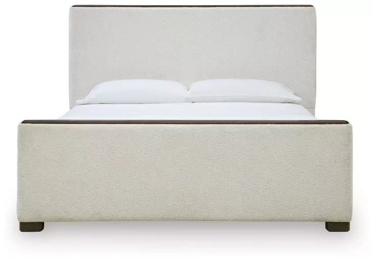Darimore Burnished Brown and White Performance Fabric Queen Upholstered Panel Bed