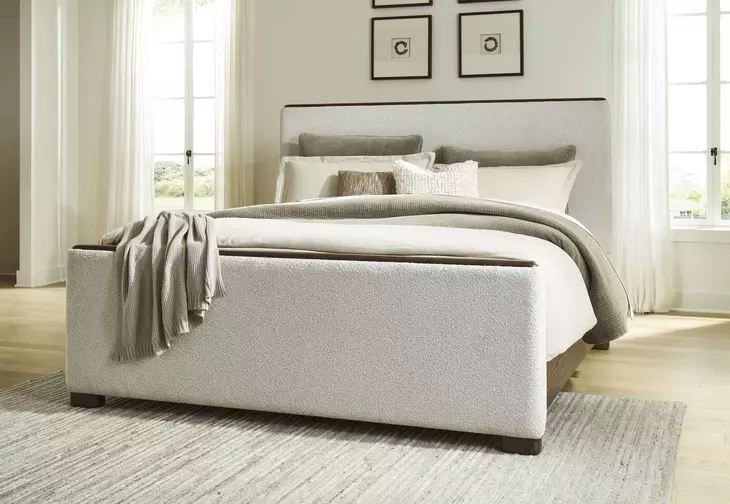 Darimore Burnished Brown and White Performance Fabric California King Upholstered Panel Bed