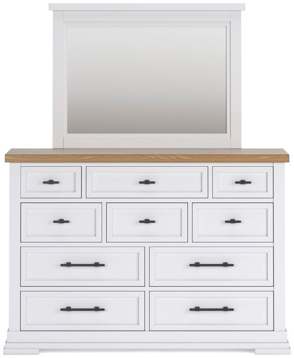Ashbryn White and Natural 10 Drawer Dresser with Rectangular Mirror