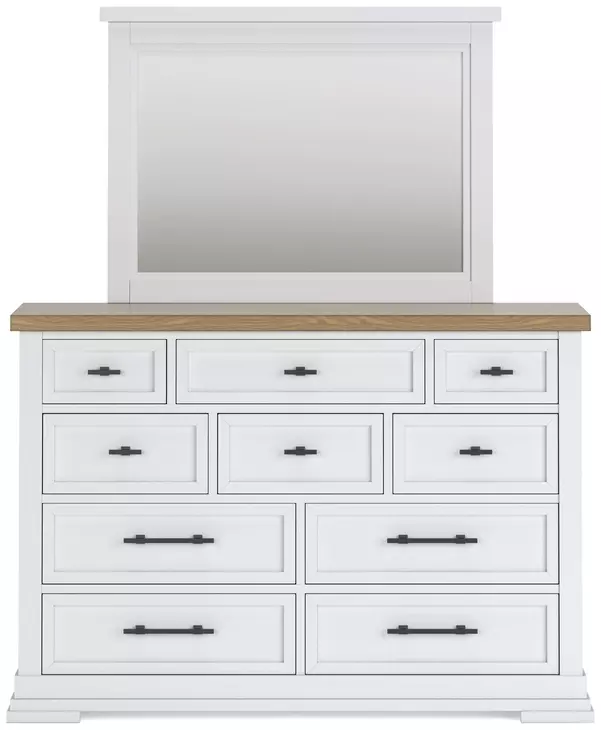 Ashbryn White and Natural 10 Drawer Dresser with Rectangular Mirror