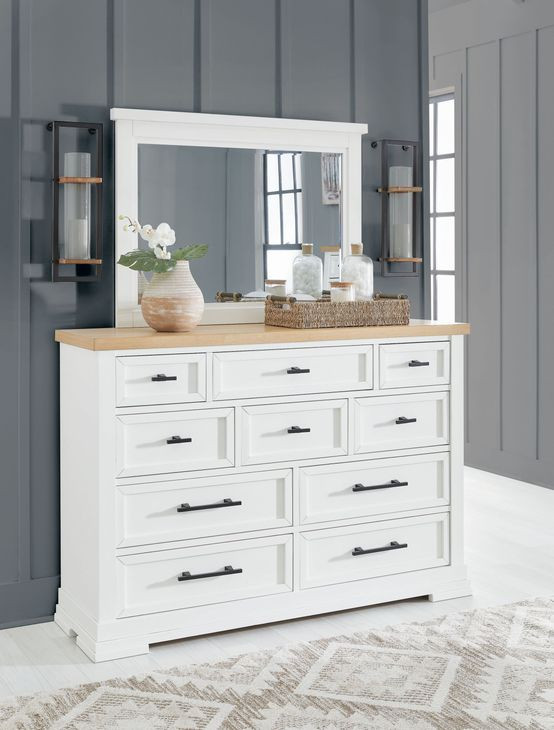 Ashbryn White and Natural 10 Drawer Dresser with Rectangular Mirror