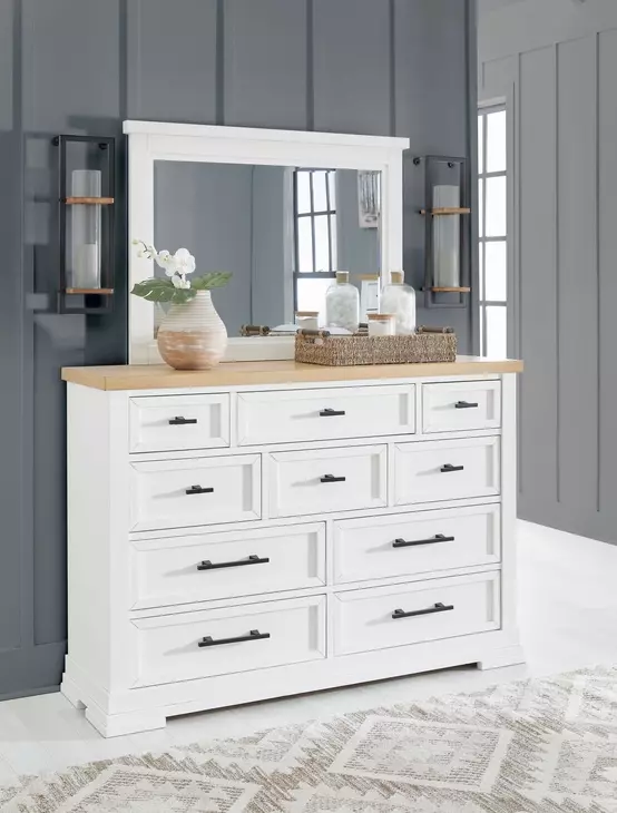 Ashbryn White and Natural 10 Drawer Dresser with Rectangular Mirror