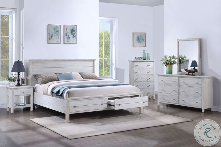 Lakeside Distressed White Queen Bed with Storage