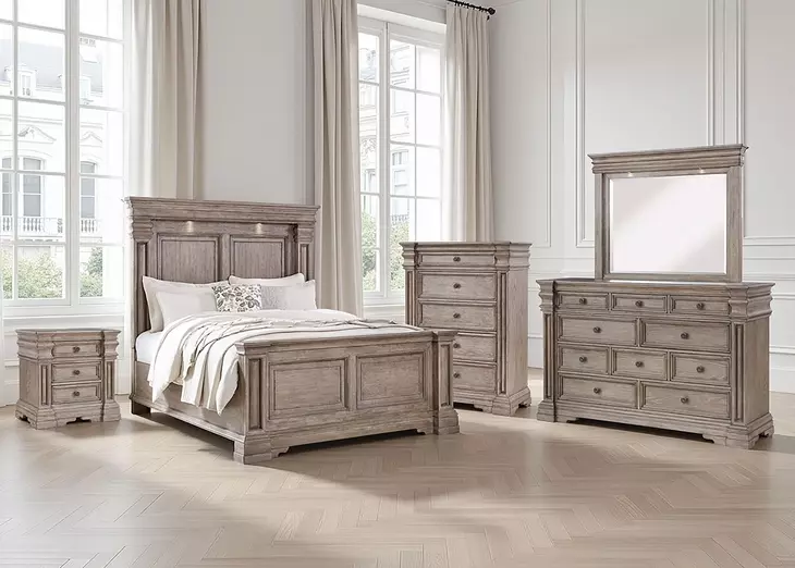 Blairhurst Light Grayish Brown 10 Drawer Dresser and Rectangular Mirror with LED