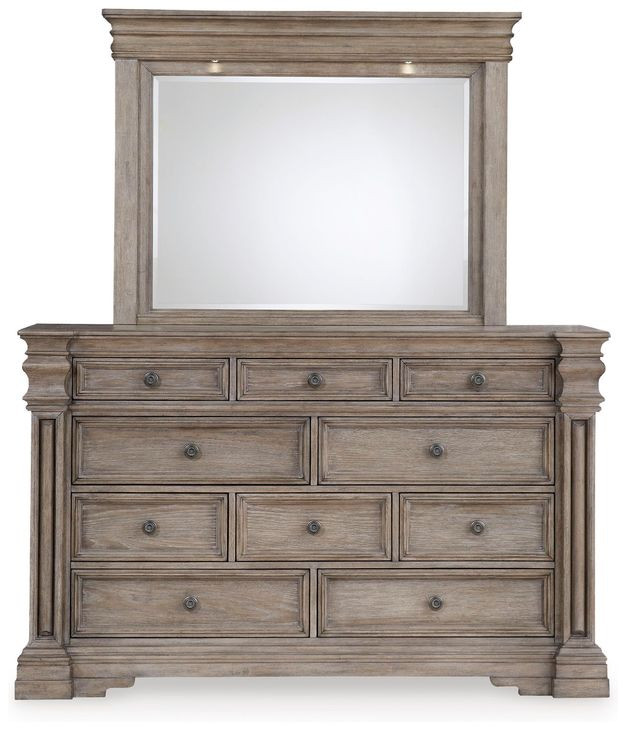 Blairhurst Light Grayish Brown 10 Drawer Dresser and Rectangular Mirror with LED