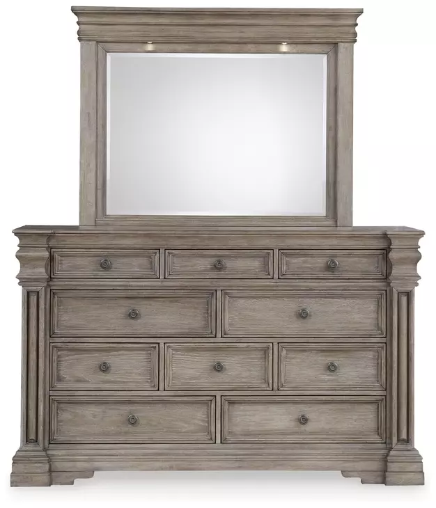 Blairhurst Light Grayish Brown 10 Drawer Dresser and Rectangular Mirror with LED