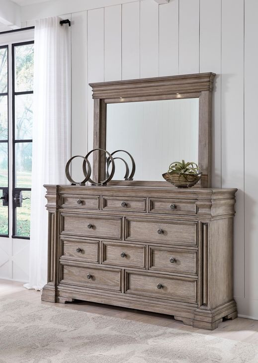 Blairhurst Light Grayish Brown 10 Drawer Dresser and Rectangular Mirror with LED