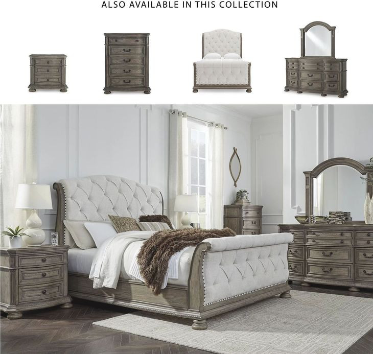Ardenfield Light Brown And White Queen Upholstered Sleigh Bed