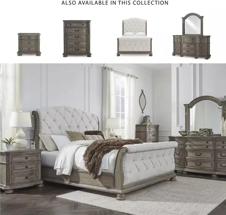 Ardenfield Light Brown And White Queen Upholstered Sleigh Bed