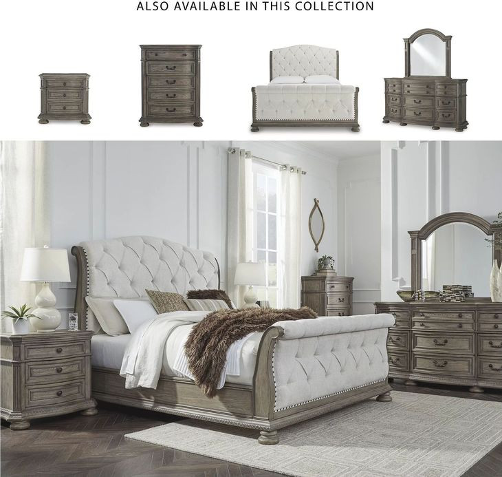 Ardenfield Light Brown And White King Upholstered Sleigh Bed
