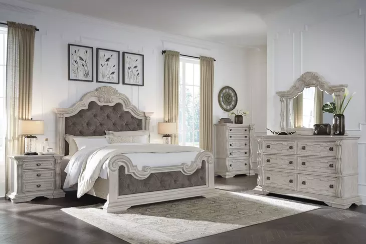 Andonhall Antique White and Gray Upholstered Panel Bedroom Set